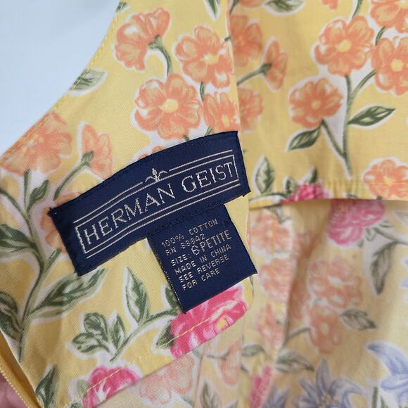 VTG Herman Geist women 6P Yellow Floral Sweetheart Fit Flare Cottage Midi Dress - Picture 6 of 6